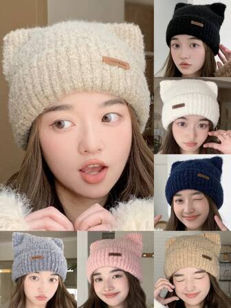 1 Pieza Gorro Tejido De Lana Para Damas Con Diseño De Logo Y Orejas Pequeñas, Color Blanco Para Mostrar Cara Pequeña Y Mantenerse Caliente En Invierno, Adecuado Para Uso Diario Lindo