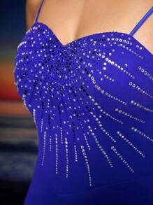 Women's High Slit Front Open Back Rhinestone Decor Evening Party Dress Lace Up Wedding Guest Dress Formal Dress,Gown - Royal Blue - View 2