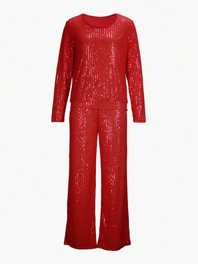 2 件女式闪光亮片派对服装，时尚闪光长袖上衣和长裤套装
