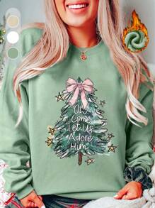 Cartoon Christmas Tree Print Thermal Lined Crew Neck Sweatshirt, Autumn/Winter - Mint Green - View 7