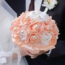 优雅橙色玫瑰和珍珠缎带新娘花束，假 PE 泡沫玫瑰婚礼伴娘花束永生花 W928B - 直徑20cm 高25cm - 查看 2