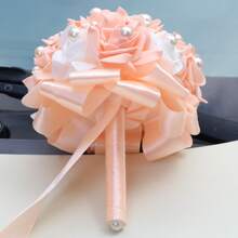 优雅橙色玫瑰和珍珠缎带新娘花束，假 PE 泡沫玫瑰婚礼伴娘花束永生花 W928B - 直徑20cm 高25cm - 查看 7