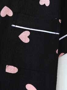 2 件春夏黑色基础心形印花时尚套装、翻领纽扣衬衫和蝴蝶结短裤、睡衣家居服、两件套