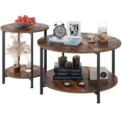 2er Set Beistelltisch Couchtisch Kaffetisch Satztisch rund Vintage Beistelltische Design Tisch Couchtisch Sofatisch Holz Rund