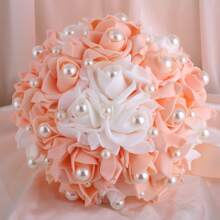 优雅橙色玫瑰和珍珠缎带新娘花束，假 PE 泡沫玫瑰婚礼伴娘花束永生花 W928B - 直徑20cm 高25cm - 查看 3