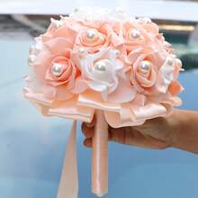优雅橙色玫瑰和珍珠缎带新娘花束，假 PE 泡沫玫瑰婚礼伴娘花束永生花 W928B - 直徑20cm 高25cm - 查看 11