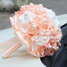 优雅橙色玫瑰和珍珠缎带新娘花束，假 PE 泡沫玫瑰婚礼伴娘花束永生花 W928B - 直徑20cm 高25cm - 查看 9