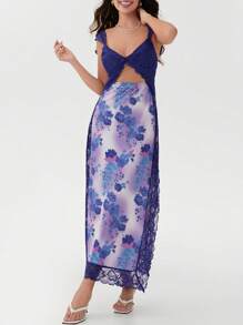 Women's Y2K Summer Bodycon Maxi Dress Floral Print Lace Patchwork Long Dress Sleeveless Backless V Neck Party Dress Beach Vacation Sundress - 藍色 - 查看 2