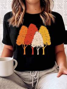 Camiseta de mujer con estampado de arce, moda de verano para mujer, informal, cómoda, suave, deportiva, fitness, para uso diario al aire libre, camiseta de manga corta con cuello redondo transpirable - Negro - Ver 2