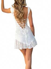 Vestido de fiesta corto de verano para mujer, blanco, sin mangas, con estampado de encaje, calado - Blanco - Ver 4