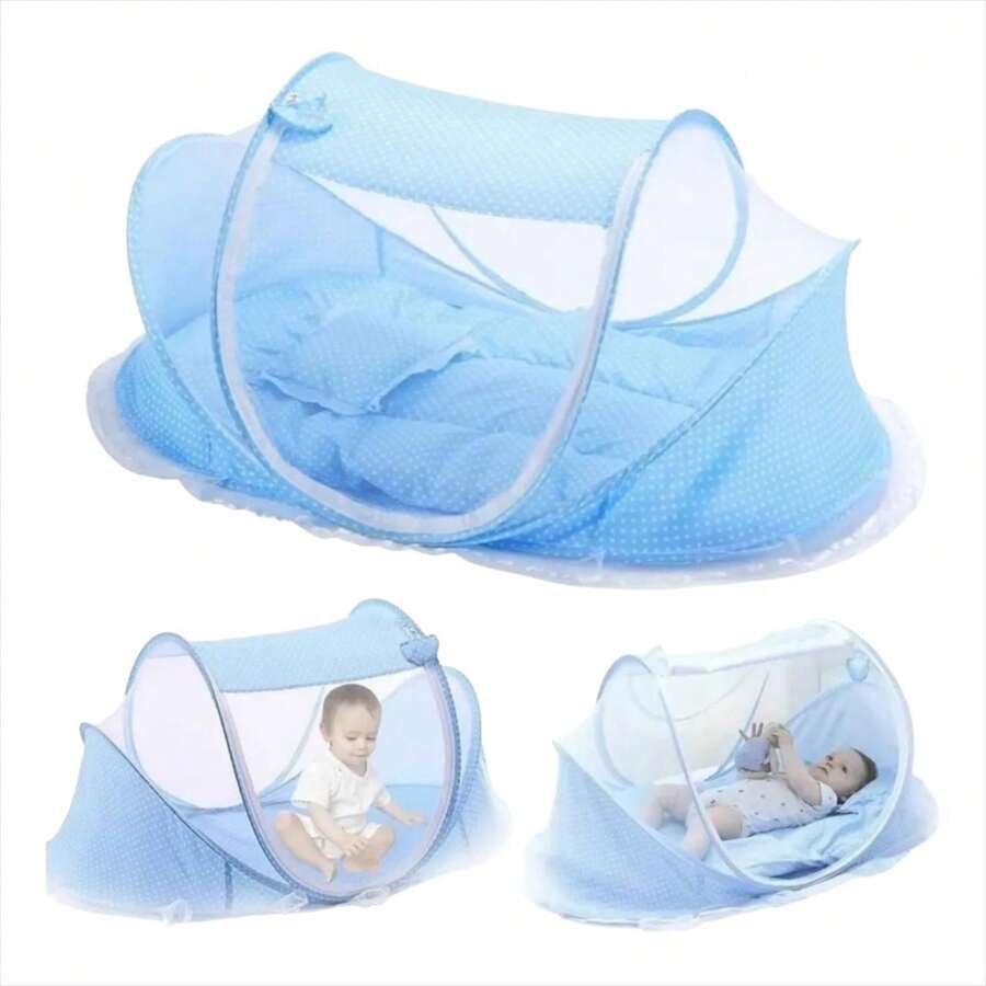 Portable Folding Moses Crib Mosquito Net Baby Mattress Included Blue Color - Blue - View 1