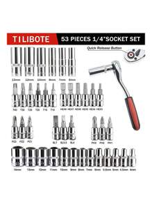 Juego de dados, juego de llaves de vaso de 46 piezas de 1/4" ,Juego de llaves de carraca con juego de llaves de vaso de broca métricas y extensiones para reparación de automóviles y hogar con caja de almacenamiento - Rojo - Ver 2