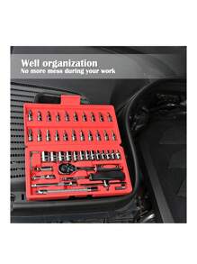 Juego de dados, juego de llaves de vaso de 46 piezas de 1/4" ,Juego de llaves de carraca con juego de llaves de vaso de broca métricas y extensiones para reparación de automóviles y hogar con caja de almacenamiento - Rojo - Ver 5