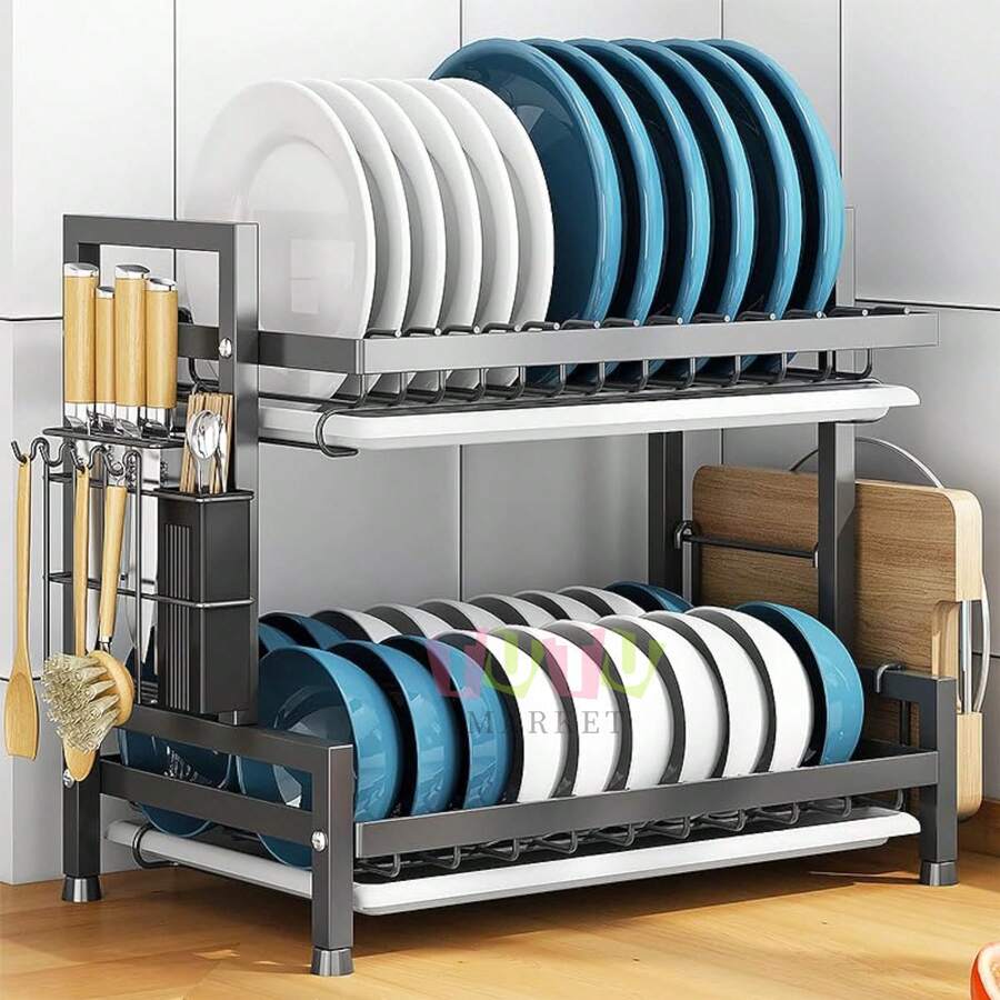 1 Piece Black Dish Drainer, Stainless Steel Dish Drainer For Kitchen Countertop, 2 Tier Kitchen Organizer, Storage Rack, Multifunctional Kitchen Dish Drainer With Four Hooks, Dish Drainer And Cutlery Rack, Water, Rust And Stain Resistant, Keep Kitchen Cutlery Tidy - 黑色 - 查看 1