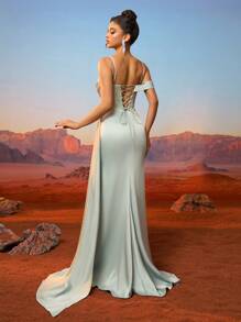 Women's Front Slit Side Ruched Open Back Lace Up Formal Evening Dress Party Dress Wedding Guest Dress,Gown - Green - View 2