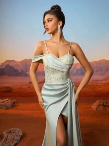 Women's Front Slit Side Ruched Open Back Lace Up Formal Evening Dress Party Dress Wedding Guest Dress,Gown - Green - View 6