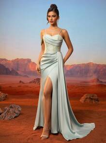 Women's Front Slit Side Ruched Open Back Lace Up Formal Evening Dress Party Dress Wedding Guest Dress,Gown - Green - View 1