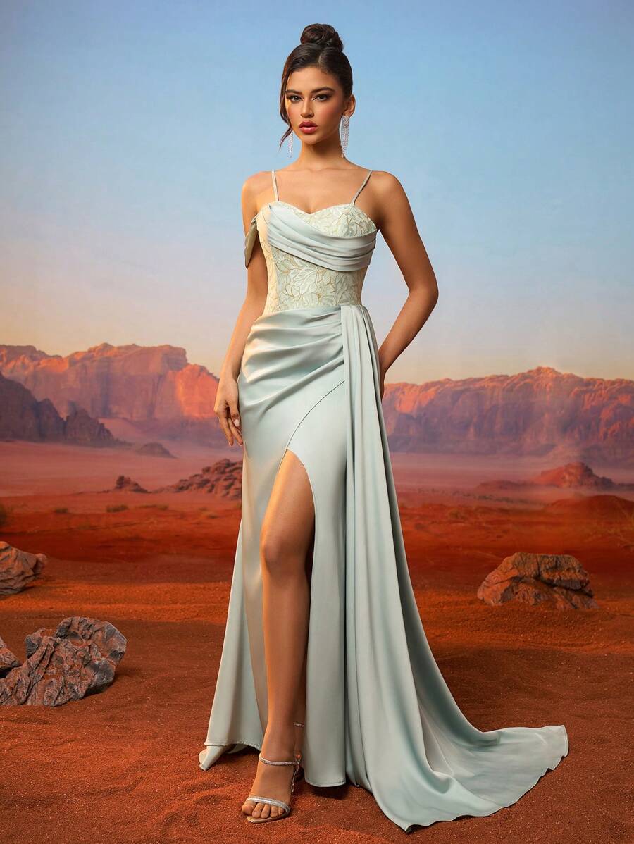 Women's Front Slit Side Ruched Open Back Lace Up Formal Evening Dress Party Dress Wedding Guest Dress,Gown - Green - View 1