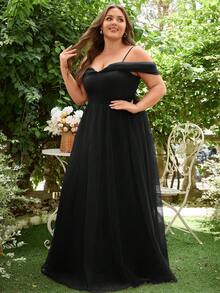 加大露肩网眼覆盖长款伴娘礼服优雅连衣裙 - 黑色 - 查看 4