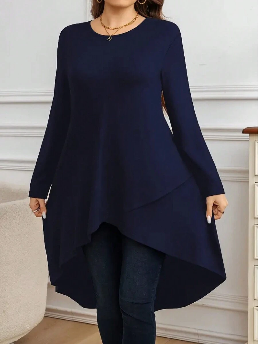 Abito lungo in maglia a-line con orlo asimmetrico, scollo tondo, parte anteriore corta e parte posteriore lunga, taglie forti - Blu Navy - Visualizzare 1