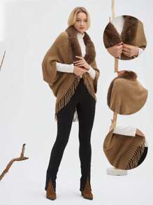 1PC Khăn choàng mềm mại sang trọng cho phụ nữ thanh lịch cổ lông chồn giả khăn choàng quấn áo len dệt kim áo choàng có viền tua rua ấm áp hở phía trước cho phụ kiện trang trí ngoài trời cuối tuần thường ngày phong cách trưởng thành - khăn choàng dệt kim có cổ lông - Xem 3
