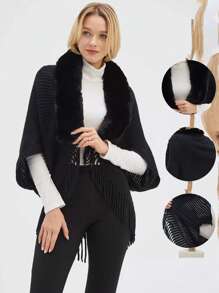 1PC Khăn choàng mềm mại sang trọng cho phụ nữ thanh lịch cổ lông chồn giả khăn choàng quấn áo len dệt kim áo choàng có viền tua rua ấm áp hở phía trước cho phụ kiện trang trí ngoài trời cuối tuần thường ngày phong cách trưởng thành - khăn choàng dệt kim có cổ lông - Xem 1