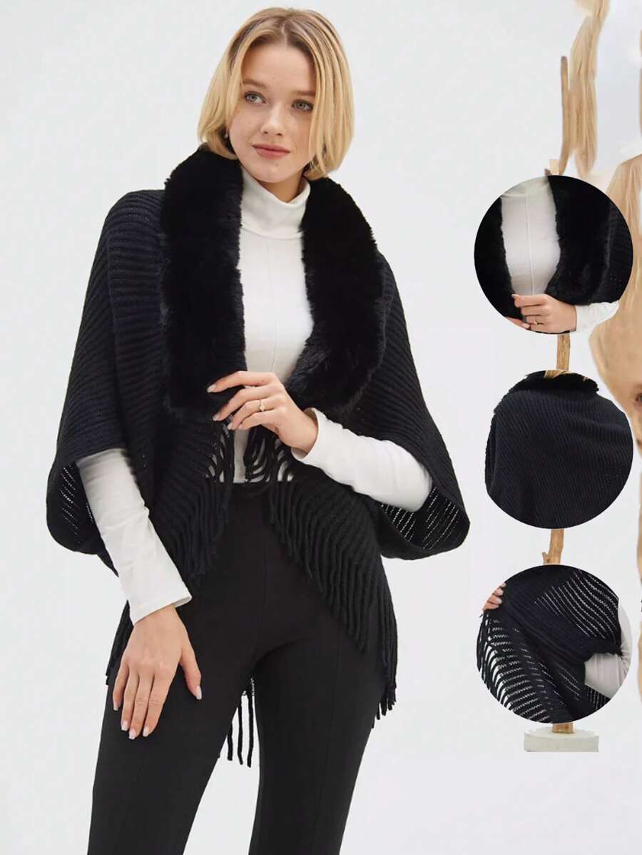 1PC Khăn choàng mềm mại sang trọng cho phụ nữ thanh lịch cổ lông chồn giả khăn choàng quấn áo len dệt kim áo choàng có viền tua rua ấm áp hở phía trước cho phụ kiện trang trí ngoài trời cuối tuần thường ngày phong cách trưởng thành - khăn choàng dệt kim có cổ lông - Xem 1