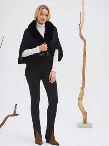 1PC Khăn choàng mềm mại sang trọng cho phụ nữ thanh lịch cổ lông chồn giả khăn choàng quấn áo len dệt kim áo choàng có viền tua rua ấm áp hở phía trước cho phụ kiện trang trí ngoài trời cuối tuần thường ngày phong cách trưởng thành - khăn choàng dệt kim có cổ lông - Xem 4