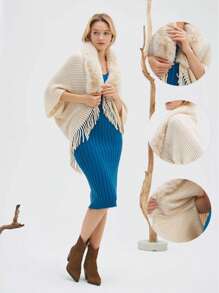 1PC Khăn choàng mềm mại sang trọng cho phụ nữ thanh lịch cổ lông chồn giả khăn choàng quấn áo len dệt kim áo choàng có viền tua rua ấm áp hở phía trước cho phụ kiện trang trí ngoài trời cuối tuần thường ngày phong cách trưởng thành - khăn choàng dệt kim có cổ lông - Xem 2