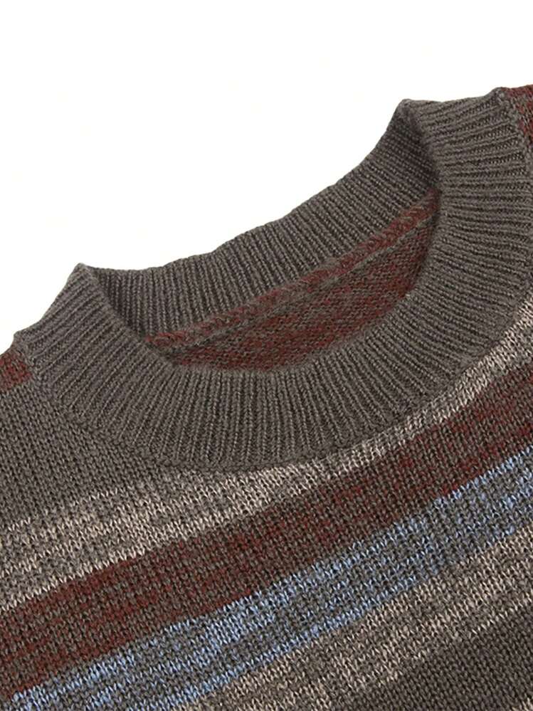 Suéter vintage de manga larga con cuello redondo y rayas para mujer, ideal para uso diario informal. - Gris - Añade 7