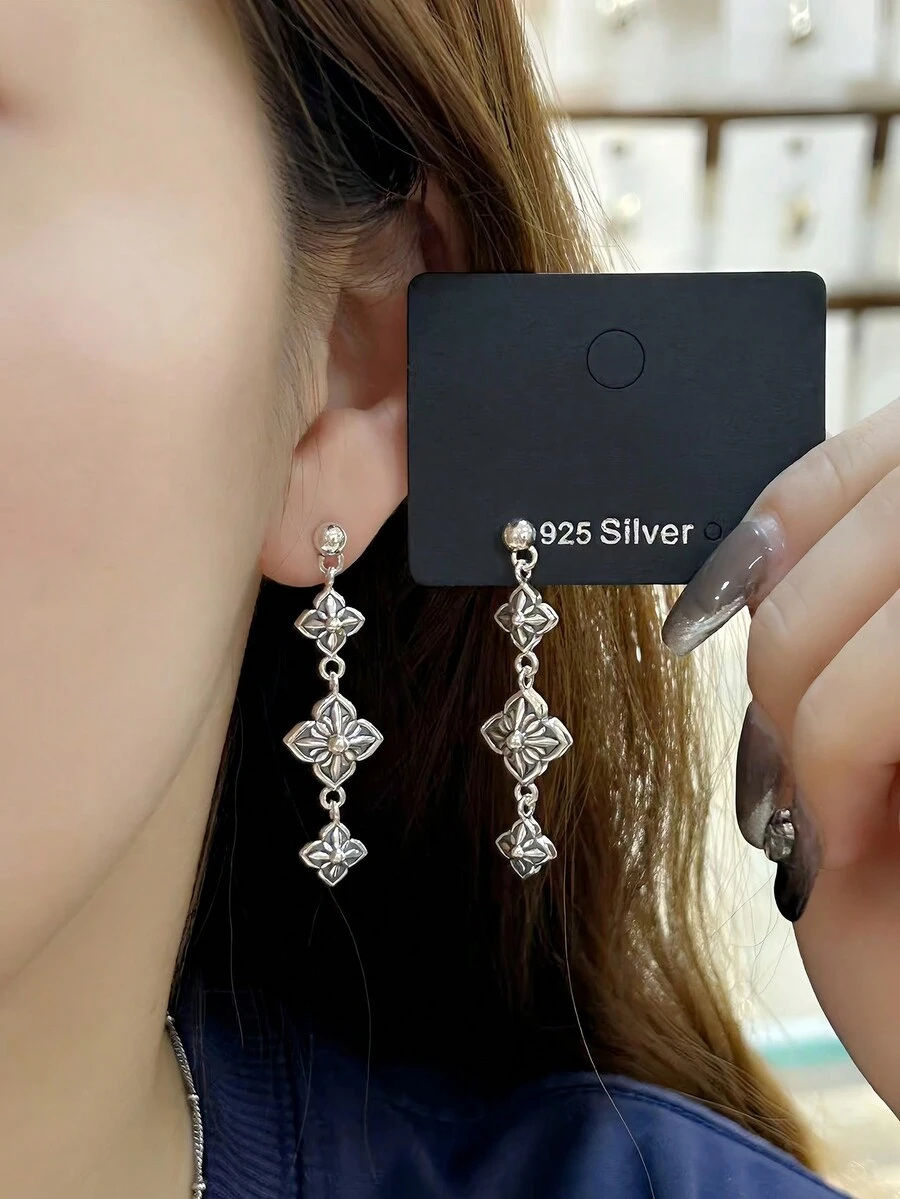 1 par de pendientes de flor de cruz de plata de ley 925 vintage, adecuados para el uso diario de las mujeres