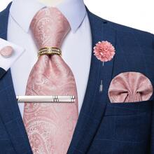 6 件/套男士领带条纹蓝色花卉领带手帕方形环夹胸花婚礼时尚（随机戒指）