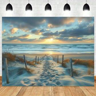 1 件夏日海滩场景背景布，涤纶材质，通用版，无需用电，用于户外装饰和派对装饰 - 蓝天和阳光背景