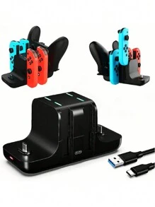 Charging Dock Compatible With Switch, 6 In 1 Charging Dock Compatible With Switch Controller With LED Indicator, 4 And 2 Type-C Charging Cable Support Switch Pro Controller NS Joycon. - Black - View 5