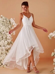 EVERPRETTY Romantic Appliques High Low Hem Flattering Cami Wedding Dress White Elegant Bridal Dresses For Summer Wedding Party,Bride