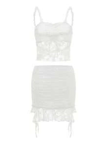 Conjunto de falda para mujer, camisola de encaje con espalda descubierta y minifalda ajustada, atuendo de verano para fiesta y club. - Blanco - Ver 7