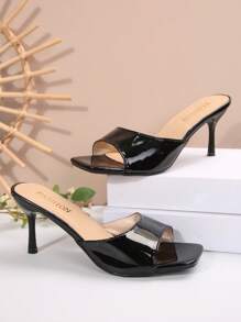 Plus Size Women's Comfortable Simple Square Toe Strap High Black Heel Leather Sandals, Casual Fashion Open-Toe Beach Dress Shoes For Summer