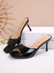 Plus Size Women's Comfortable Simple Square Toe Strap High Black Heel Leather Sandals, Casual Fashion Open-Toe Beach Dress Shoes For Summer