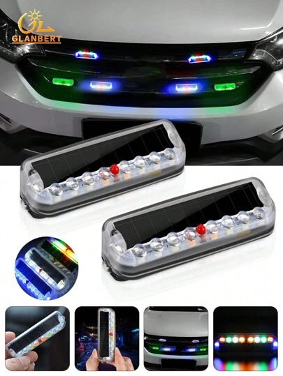 GLANBERT 1pc Car LED Solar Warning Light Waterproof Mini Flashing Warning Light Motorcycle Anti Rear End Warning Signal Light