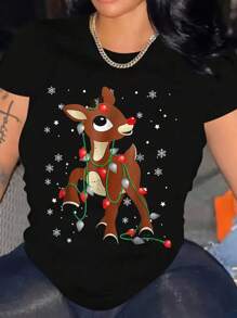 Women's Rudolph The Red Nose Reindeer Christmas Graphic Print Tee Casual Short Sleeve Shirt Breathable For Everyday Wear - màu đen - Xem 1