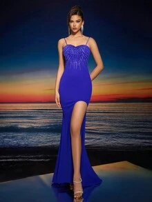Women's High Slit Front Open Back Rhinestone Decor Evening Party Dress Lace Up Wedding Guest Dress Formal Dress,Gown - Royal Blue - View 4
