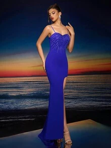 Women's High Slit Front Open Back Rhinestone Decor Evening Party Dress Lace Up Wedding Guest Dress Formal Dress,Gown - Royal Blue - View 7