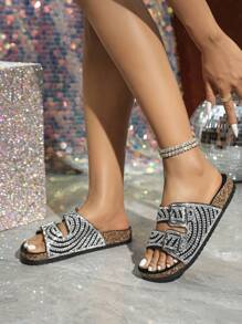 roulvxiang New Black Glass Rhinestone Glitter Flat Slipper Fluffy Wedge Sandals Women's Slip-On Beach Slides - Black and White - View 3