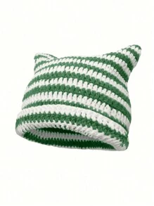 1pc Unisex Hand Knitted Cute Striped Cat Ear Beanie Hat, Autumn Winter Warm Ear Protective Handmade Striped Ski Mask Street Fashion Hip-Hop Couple Headwear - Multicolor - View 23