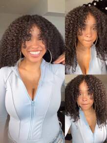 22 英寸卷发假发，带刘海，4x4 蕾丝闭合，女士真人发质假发，180% 密度，日常生活用卷曲假发，真人头发，已拔取婴儿头发，透明蕾丝，适合所有皮肤 - 黑色 - 查看 9