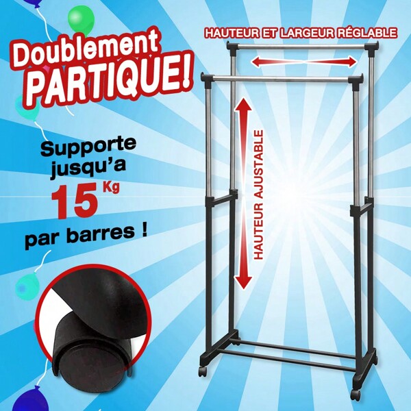 Tringle à vêtements réglable à 2 barres en acier inoxydable de qualité supérieure avec roulettes