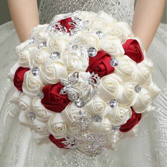 Bröllopsbröllop lyxig fjärilsbukett, glänsande silverkristall satinband Rose, vinrött krämt tyg Evig blombukett W2216-Z