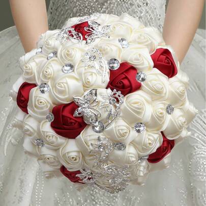 新娘婚礼奢华蝴蝶花束，闪亮银水晶缎带玫瑰，勃艮第奶油色面料永生花花束 W2216-Z
