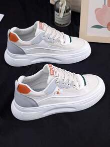Women's Round Toe Lace Up Flat Sneakers, Dopamine Inspired With White/Green/Orange Colors, Suitable For Casual Wear, Christmas Gift, Fashion Sneakers - 灰色 - 查看 6