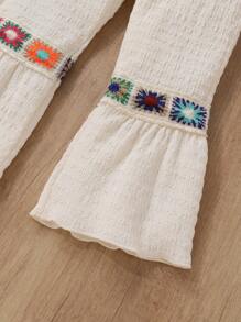 2 件装年轻女孩可爱舒适针织蝴蝶结肩部荷叶边上衣和喇叭裤套装，时尚 - 杏色 - 查看 7